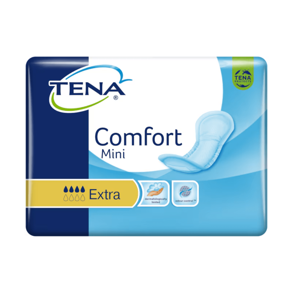 Kuva näyttää TENA Comfort Mini Extra -inkontinenssisuojan sinisessä pakkauksessa, jossa on tekstit „TENA“ ja „Comfort Mini“. Se korostaa Dry Fast Core -imuydintä parannetun imukyvyn vuoksi, yhdessä symbolien kanssa, jotka osoittavat, että se on dermatologisesti testattu ja kehitetty tehokkaaseen hajunhallintaan. Tuote on TENA by Essity Germany GmbH:n ja se toimitetaan 30 kappaleen pakkauksessa.