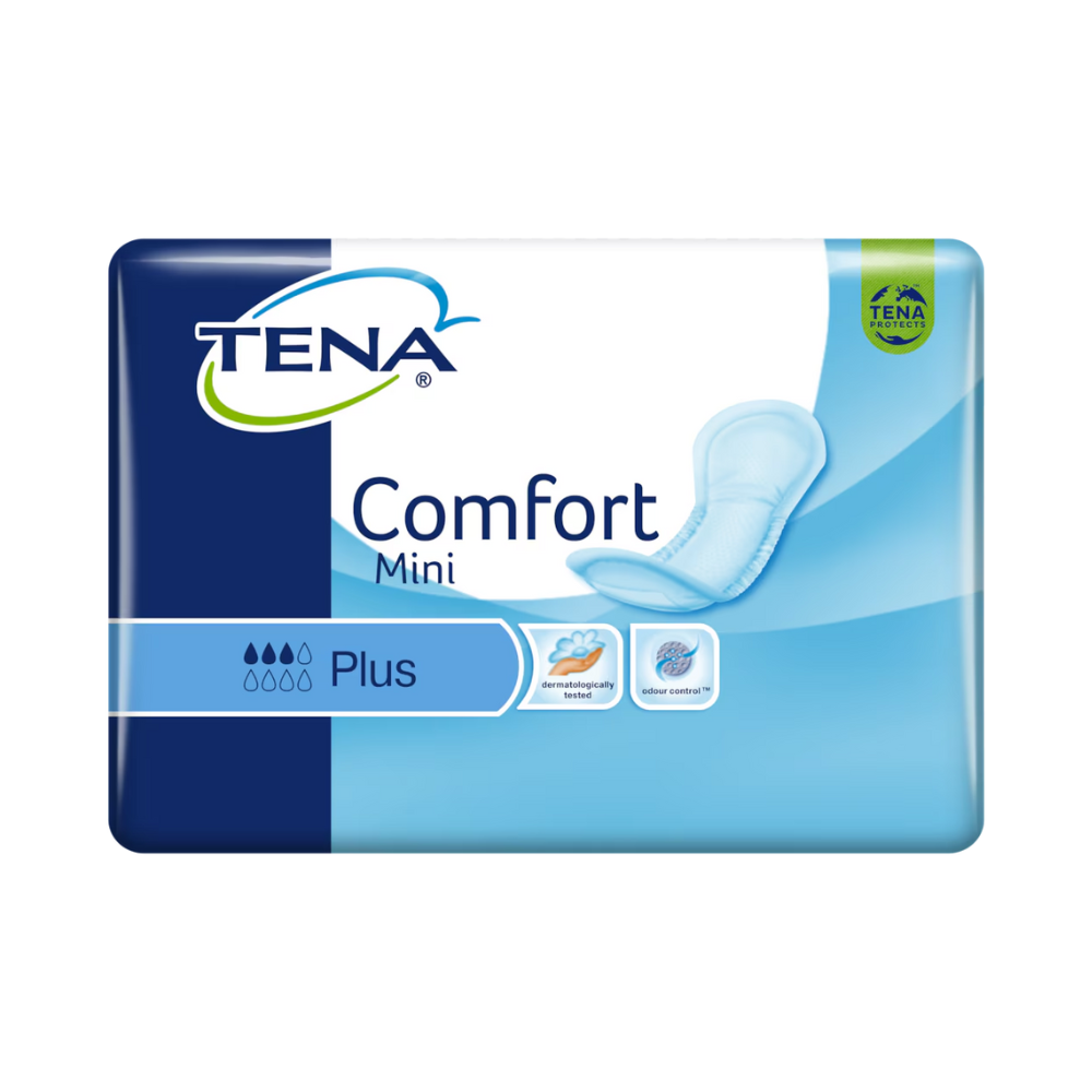 Yksi pakkaus TENA Comfort Mini Plus -inkontinenssisuojia sisältää 30 suojaa, jotka on valmistettu huipputeknologialla. Pakkaus on pääosin sininen ja valkoinen ja siinä on TENA-logo sekä symbolit, jotka korostavat imukykyä, mukavuutta, hajunhallintaa ja Dry Fast Core -teknologiaa erinomaiseksi suojaksi.
