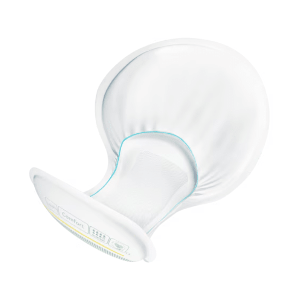 TENA Comfort Maxi -inkontinenssisuoja, jossa on valkoinen, kaareva kilpi, leveä, pyöreä laippa ja kapeampi, kuvioitu varsi, tarjoaa vaikuttavan imukyvyn. Sen ergonominen muotoilu takaa mukavuuden käytön aikana ja parantaa kokonaiskokemusta.