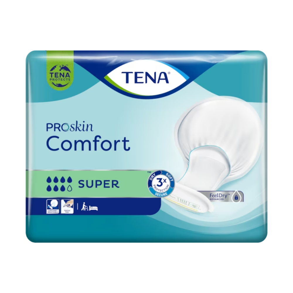 TENA Comfort Super -inkontinenssisuojan pakkaus, jossa on selkeä tuotteen esittely, korostaa selkeillä kuvakkeilla dermatologisesti testattuja ja kuivuudensuojan ominaisuuksia. Enimmäkseen sinisen ja vihreän sävyissä oleva muotoilu helpottaa tunnistamista.