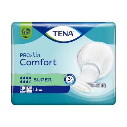 TENA Comfort Super -inkontinenssisuojan pakkaus, jossa on selkeä tuotteen esittely, korostaa selkeillä kuvakkeilla dermatologisesti testattuja ja kuivuudensuojan ominaisuuksia. Enimmäkseen sinisen ja vihreän sävyissä oleva muotoilu helpottaa tunnistamista.
