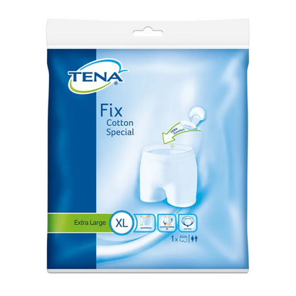 Die blaue Verpackung der TENA Fix Cotton Spezial Fixierhose Inkontinenzunterwäsche, extragroß, zeigt das Produktbild und Symbole, die ihre Vorteile hervorheben. Auch als „Fixierhose“ gekennzeichnet, passt sie perfekt zu Inkontinenzeinlagen für optimalen Komfort und Sicherheit.