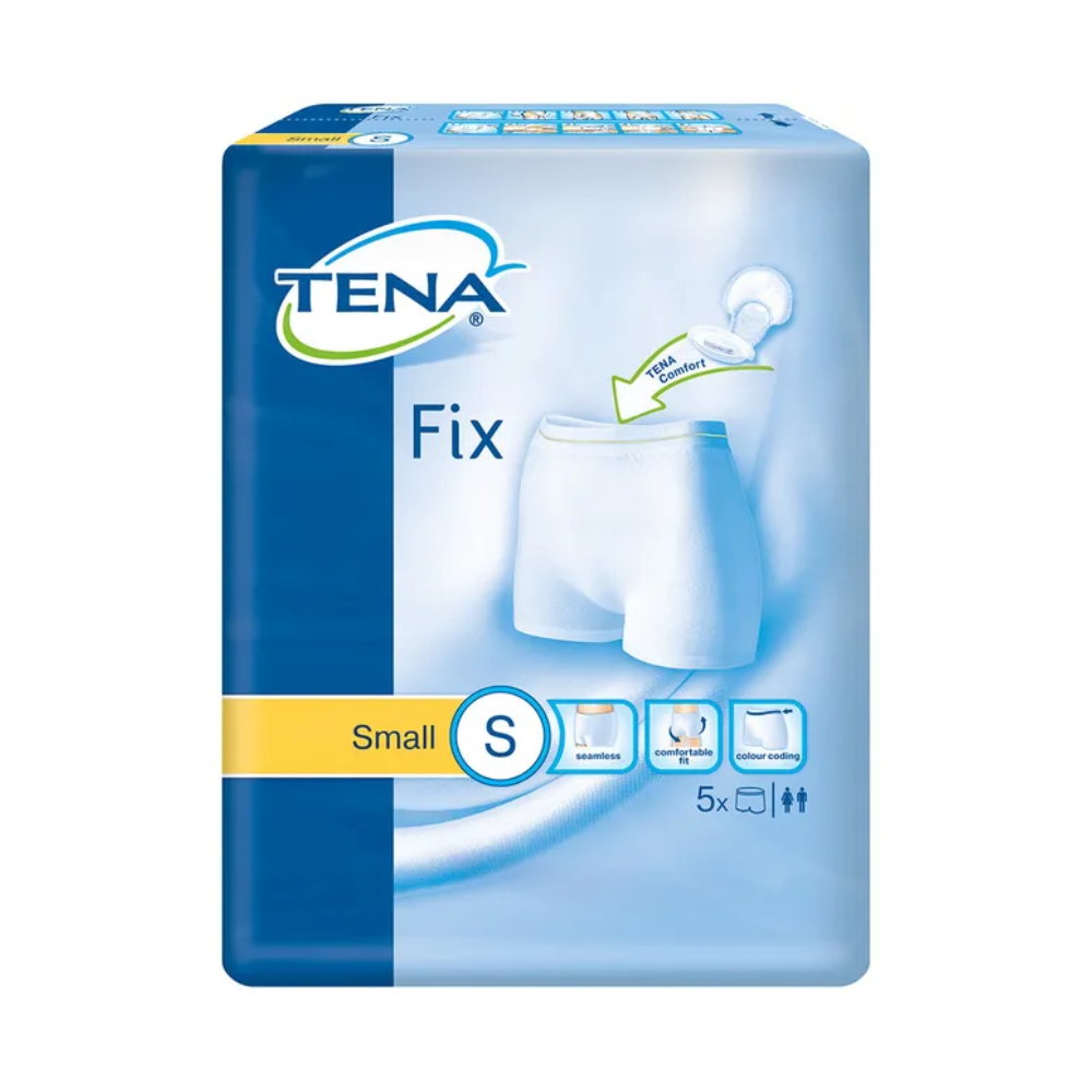 TENA Fix -inkontinenssisuojahousujen pakkaus, valmistajana TENA - Essity Germany GmbH, näyttää kuvan valkoisista alusvaatteista, joissa on etiketti 'Cool Comfort'. Se korostaa tuotetta pienenä 5 kappaleen settinä ja keskittyy elastisuuteen ja vuotosuojaan parantamaan mukavuutta ja turvallisuutta.
