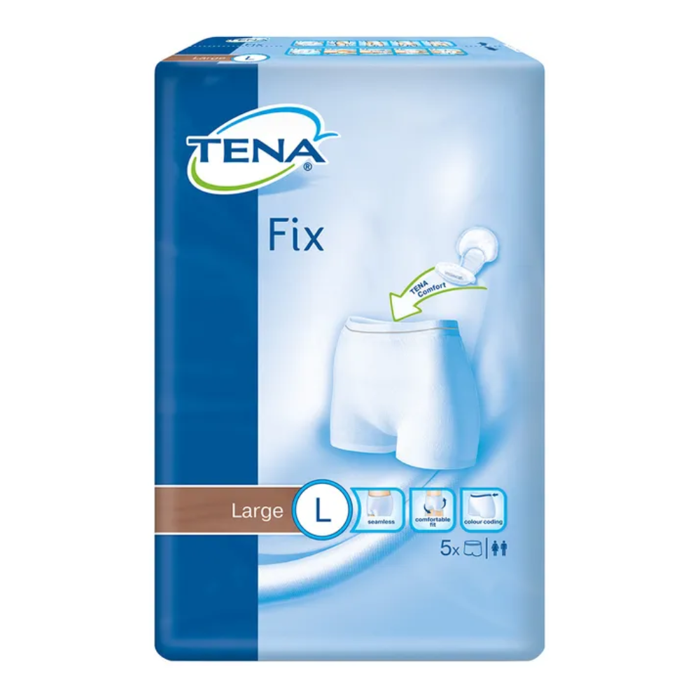 Eine Packung TENA Fix Inkontinenz-Fixierhosen in Größe Large. Die blaue Verpackung zeigt prominent oben links das TENA-Logo und in der Mitte ein Bild des Produkts. Sie enthält fünf Stück und verfügt über Symbole, die auf die Unisex-Verwendung, Waschanweisungen und ihre Funktion als zuverlässige Inkontinenzprodukte-Fixierhosen hinweisen.