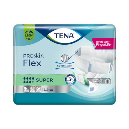 Eine Packung TENA Flex Super Inkontinenzvorlage mit Hüftbund von TENA - Essity Germany GmbH, mit ComfiStretch und sicherem Hüftbund. Die mit der FeelDry-Technologie ausgestattete Verpackung zeigt Symbole, die die Produkteigenschaften hervorheben, und enthält ein Diagramm der Inkontinenzvorlage.