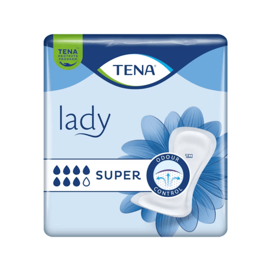 TENA Lady Super -inkontinenssisuojan | pakkaus (30 kpl) valmistajalta TENA - Essity Germany GmbH on sinivalkoinen. Silmiinpistävät elementit, kuten sanat ”Lady” ja ”SUPER”, imupisarat, kukkakuvio sekä termit kuten ”Odour Control”, tekevät siitä ihanteellisen valinnan kaikille, jotka etsivät luotettavaa inkontinenssisuojaa TENA Protects -ohjelman puitteissa.