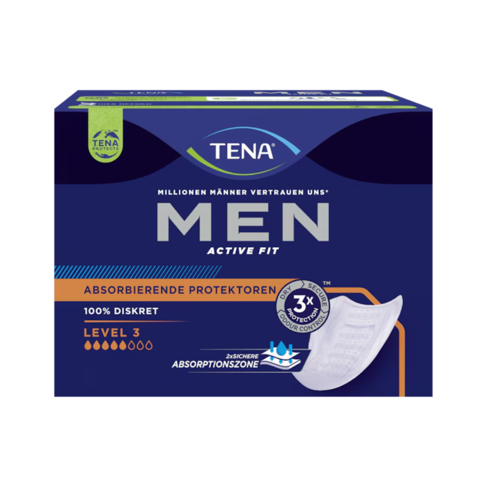 TENA Men Active Fit Level 3 -inkontinenssisuojus, pakattu erottuvaan siniseen ja mustaan, on suunniteltu virtsankarkailuun. Tämä TENA-tuote – Essity Germany GmbH:n valmistama – esittelee kilpigrafiikkaa ja korostaa etuja, kuten kolminkertaista suojaa ja täydellistä huomaamattomuutta, mikä tekee siitä ihanteellisen valinnan miehille, jotka etsivät luottamusta ja mukavuutta. Jokainen pakkaus sisältää 16 kappaletta.