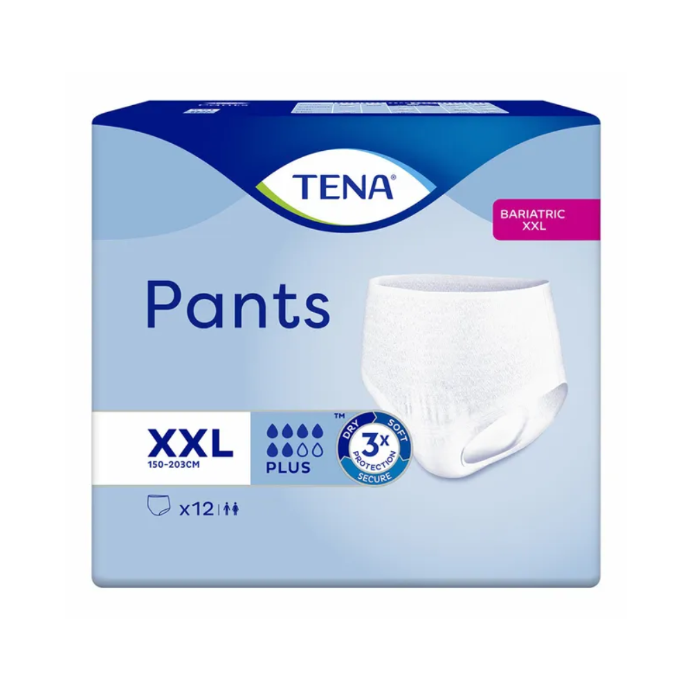 TENA Pants Bariatric Plus -inkontinenssihousujen pakkaus lihaville ihmisille, koko XXL, korostaa bariatrisiä inkontinenssihousuja. Sinivalkoinen laatikko esittelee tuotteen kuvan ja korostaa jopa kolminkertaista imukykyä ja istuvuutta vyötärönympäryksille 150-203 cm, ja jokainen pakkaus sisältää 12 housua.