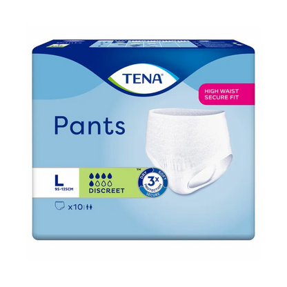 TENA Pants Discreet -inkontinenssihousut TENA – Essity Germany GmbH:lta, koko Large, tarjoaa korkean ja turvallisen istuvuuden. Pakkaus korostaa sen huomaamatonta muotoilua, sisältää 10 kertakäyttöistä housua (kertakäyttöalusvaatteet), sinivalkoisella värimaailmalla, joka korostaa sen imukykyä ja turvallisuusominaisuuksia virtsarakon heikkouden hoitoon.