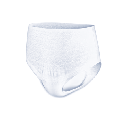 Pari TENA Proskin Pants Plus -inkontinenssihousuja, valmistettu TENA - Essity Germany GmbH:n toimesta, on kuvattu yksinkertaista valkoista taustaa vasten. Materiaali vaikuttaa pehmeältä ja joustavalta, korkealla vyötäröllä ja lahkeenleikkauksilla, jotka on muotoiltu turvalliseen istuvuuteen, ja kosteuden vähentämisteknologialla lisää mukavuutta varten.