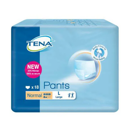 TENA Pants Normal -inkontinenssihousujen pakkaus aikuisille, koko Large, TENA - Essity Germany GmbH sisältää 18 housua, jotka on erityisesti kehitetty virtsarakon heikkouteen. Sininen muotoilu sisältää tuotekuvia ja korostaa mukavuutta ja turvallista istuvuutta.