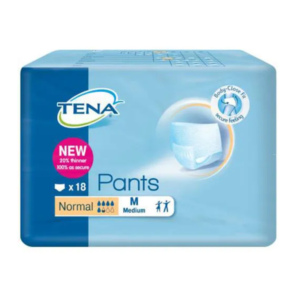 Kuva näyttää TENA Pants Normal -inkontinenssihousupakkauksen, jonka TENA - Essity Germany GmbH on valmistanut erityisesti virtsarakon heikkoutta varten. Se sisältää 18 keskikokoista housua, joissa on 'normaali' imukyky, ja pakkaus korostaa 20 % ohuempaa muotoilua ja mukavaa istuvuutta sinisellä taustalla tuotemerkkibrändäyksen kanssa.