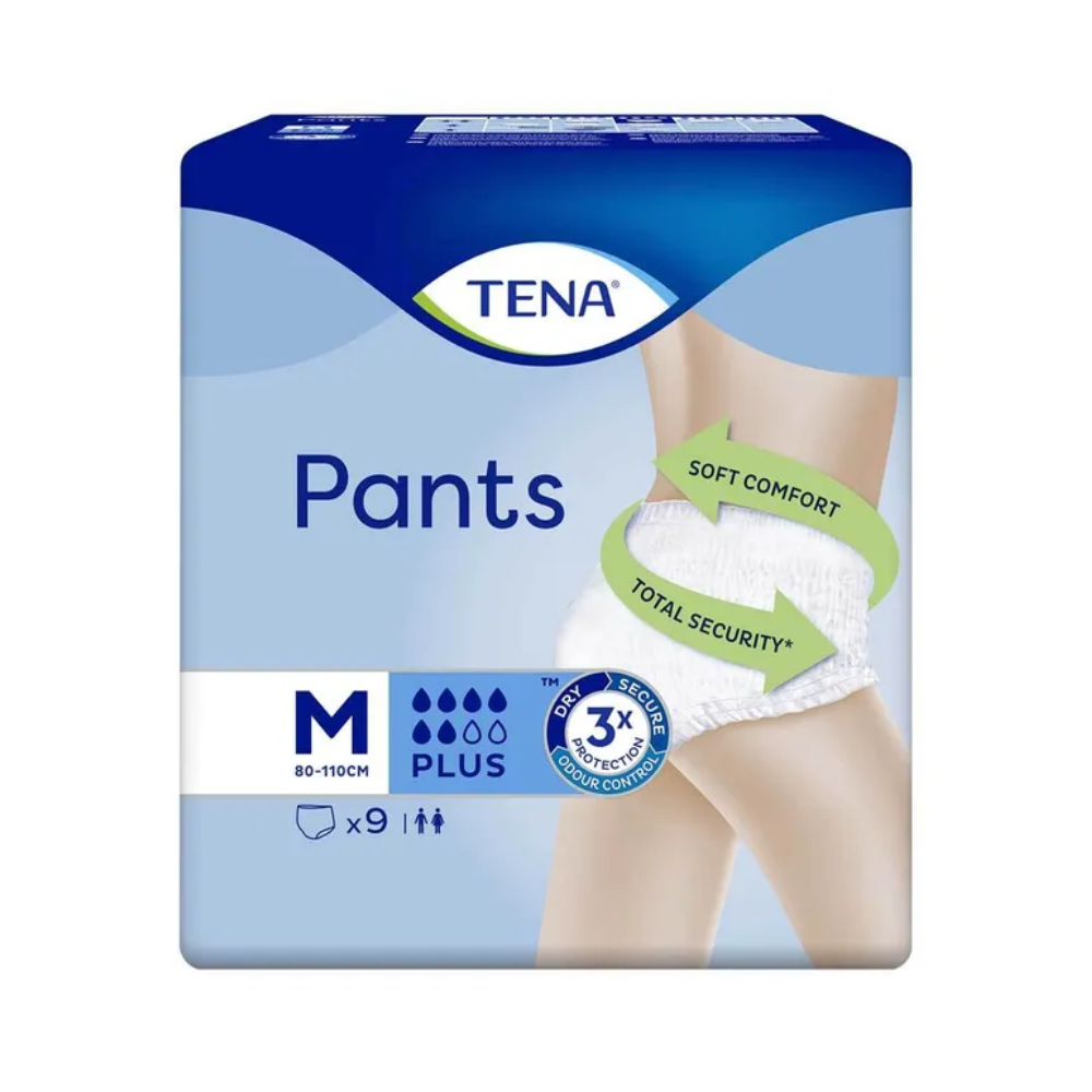 Kuva TENA Pants Plus ConfioFit -inkontinenssihousupakkauksesta TENA - Essity Germany GmbH:lta, keskikoko 80-110 cm, jossa on Plus-imukyky. Pakkaus esittää henkilöä, joka käyttää housuja, ja korostaa "Pehmeä Mukavuus" ja "Täysi Turvallisuus" tehokkaaseen suojaukseen virtsarakon heikkoutta vastaan. Sisältää 9 kappaletta.