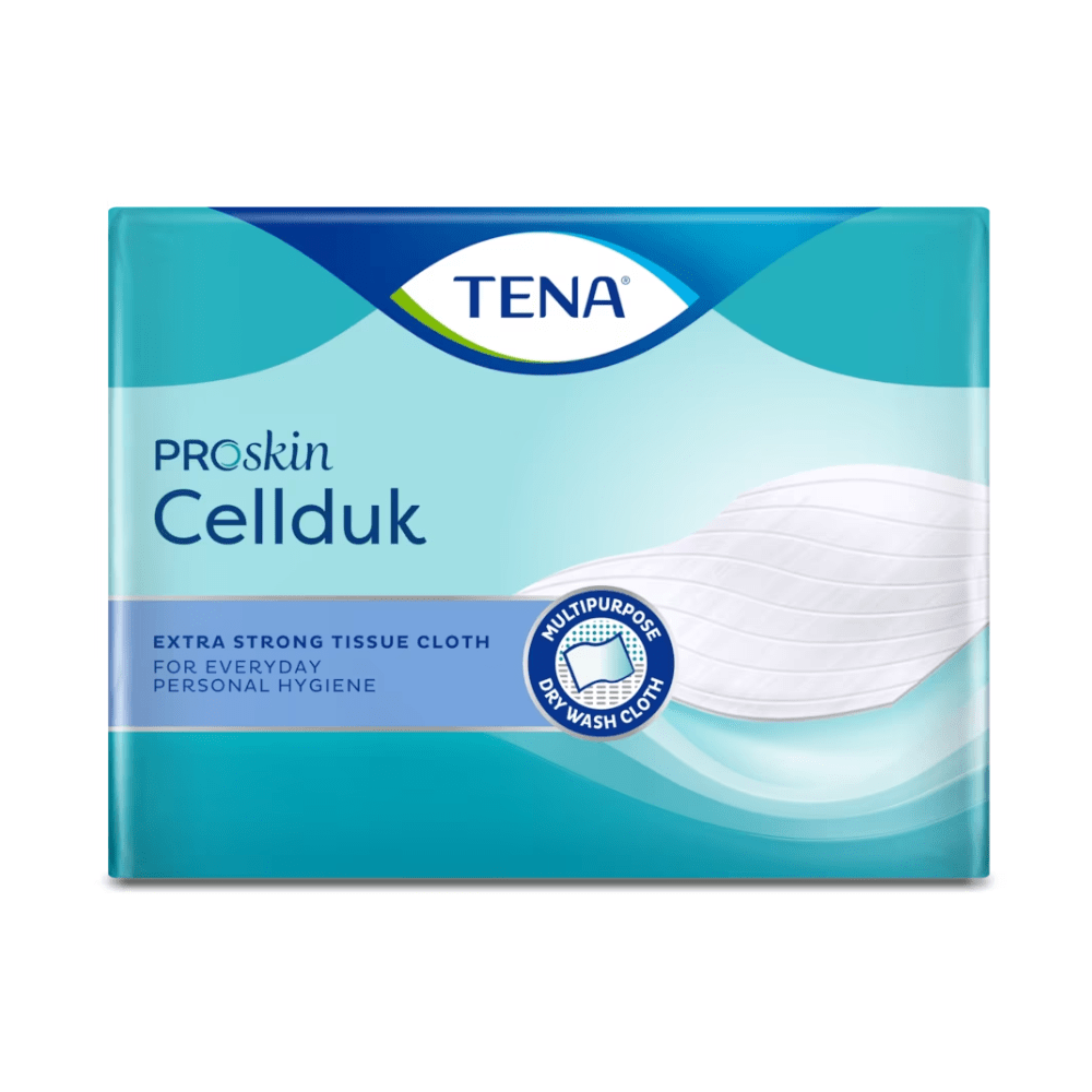 Kuvassa on TENA ProSkin Cellduk kuiva liina 25 x 26 cm pakkauksessa, sinisen ja vihreän väreissä. Se näyttää tuotteen nimen ja kuvauksen: ”Erittäin vahva kudosliina päivittäiseen kehonhygieniaan, jossa on lisääntynyt märkälujuus.” Lisäksi siinä on kuva valkoisesta liinasta.