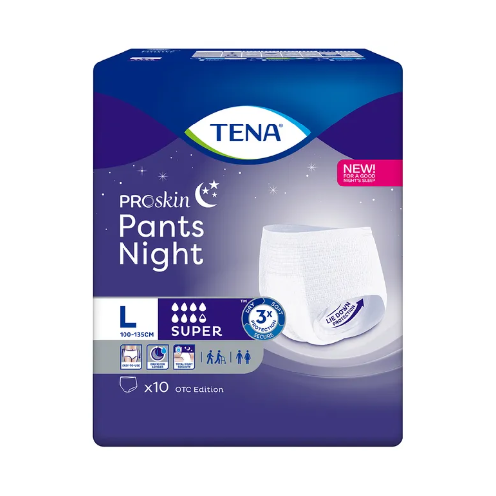 Kuva näyttää TENA ProSkin Pants Night Super -inkontinenssihousujen pakkauksen TENA – Essity Germany GmbH:lta. Tämä kertakäyttöinen alusvaate on suunniteltu inkontinenssitarpeisiin ja tarjoaa suuren kokovalikoiman 100-135 cm. Se tarjoaa superimukykyä ja yösuojaa ihoystävällisillä ominaisuuksilla. Pakkauksessa on 10 housua, täydellinen rakon heikkouden hoitoon.