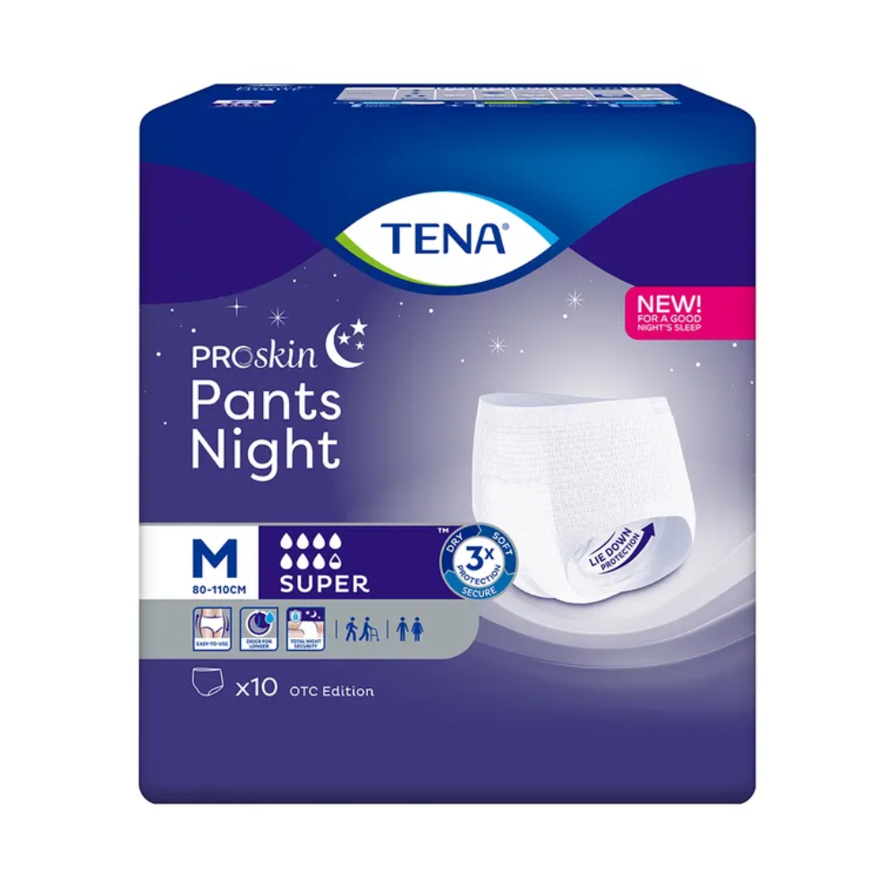 Kuva näyttää TENA ProSkin Pants Night Super -inkontinenssihousupakkauksen TENA – Essity Germany GmbH:lta, joka sopii täydellisesti yöllisen rakon heikkouden hoitoon. Violetti ja sininen muotoilu valkoisella reunalla korostaa yksityiskohtia, kuten koko M, joka sopii 80-110 cm, ja sisältää 10 kappaletta pakkauksessa.
