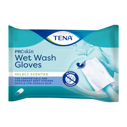 TENA ProSkin Wet Wash Gloves -pesukäsineiden mieto tuoksuinen pakkaus TENA - Essity Germany GmbH:ltä mukavaan kehonhygieniaan on ihanteellinen herkälle iholle sen huuhteluvapaan puhdistuksen ansiosta. Sinivalkoinen pakkaus sisältää kaikki tärkeät tuotetiedot.
