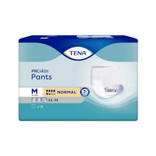 Das Bild zeigt eine Packung TENA Proskin Pants Normal Inkontinenzhosen von TENA – Essity Germany GmbH, hergestellt für Personen mit Blasenschwäche. Die blau-weiße Verpackung steht für mittlere Größe, normale Saugfähigkeit für Erwachsene und enthält 18 Stück.