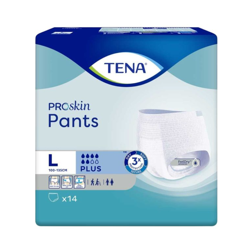 Eine rechteckige Packung mit TENA ProSkin Pants Plus Inkontinenzhosen für Personen mit Blasenschwäche. Sie sind überwiegend blau und weiß, tragen das Tena-Logo auf der Oberseite und weisen die Größe L (100-135 cm) auf. Die Packung enthält ein 3x FeelDry Advanced-Etikett und enthält 14 Stück.