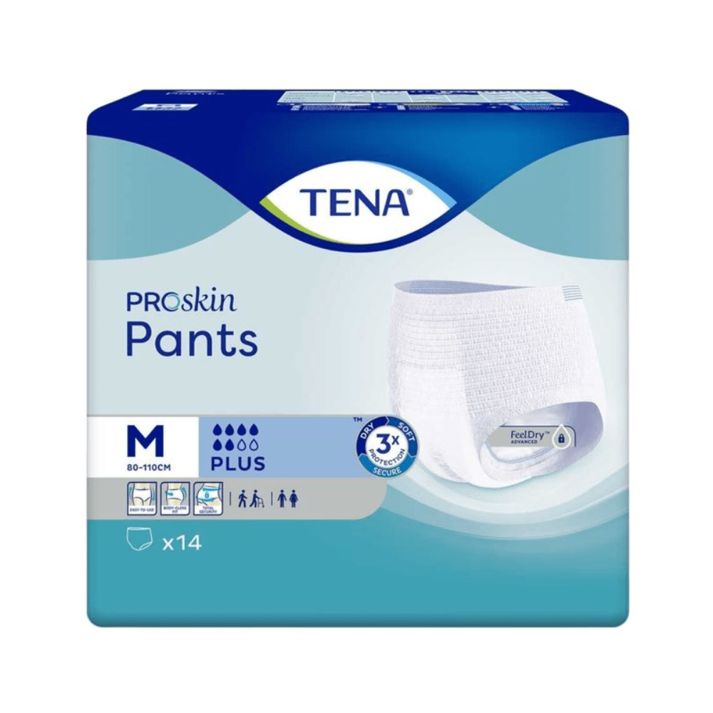 Kuva TENA Proskin Pants Plus -inkontinenssihousujen pakkauksesta. Sinivihreä laatikko esittelee valkoisia housuja, joissa on merkinnät 'tuntuu kuivalta', '3-kertainen suoja' ja kosteuden vähentämisteknologia. Pakkaus on ilmoitettu koossa M (80-110 cm) ja sisältää 14 inkontinenssihousua, joissa on symboleita, jotka osoittavat erilaisia käyttötapoja ja etuja. Valmistettu TENA - Essity Germany GmbH:n toimesta.