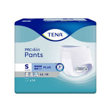 TENA Proskin Pants Plus -inkontinenssihousut, jotka on suunniteltu vyötärönympäryksille 65-85 cm, toimitetaan pakkauksessa, joka esittelee kosteuden vähentämisteknologiaa. Se korostaa vuotosuojaa, mukavuutta ja hajunhallintaa. Pääosin sinisessä pakkauksessa on valkoisia yksityiskohtia TENA - Essity Germany GmbH:lta, ja se sisältää 14 kappaletta.