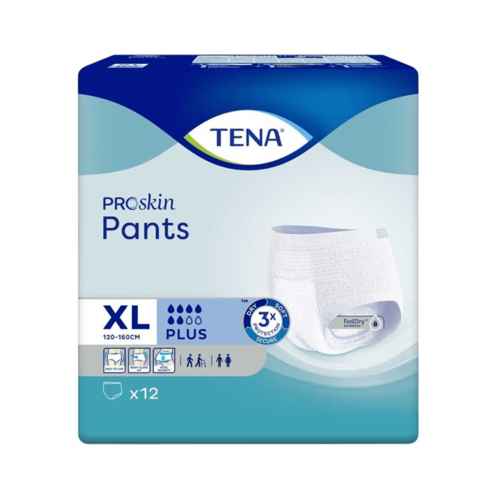 TENA Proskin Pants Plus -inkontinenssihousut koossa XL (120-160 cm) tarjoavat 3-kertaisen imukyvyn ja ovat täydellisiä suurikokoisille henkilöille. Tämä 12 kappaleen pakkaus sisältää kosteuden vähentämisteknologian FeelDry-kerroksella, joka varmistaa, että nämä inkontinenssihousut tarjoavat poikkeuksellista mukavuutta ja kuivuutta.