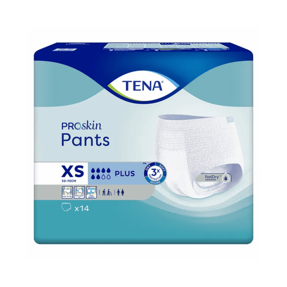 TENA Proskin Pants Plus -inkontinenssihousujen pakkaus koossa XS korostaa ominaisuuksia kuten FeelDry Advanced ja kosteuden vähentämisteknologiaa. Sinivalkoisessa pakkauksessa on TENA - Essity Germany GmbH -merkki, ja siinä on kuva inkontinenssihousuista, joita on 14 kappaletta.