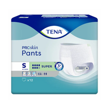 Pakkaus TENA - Essity Germany GmbH TENA ProSkin Pants Super Inkontinenssihousut, koko S, vyötärönympärykselle 65-85 cm. Pakkaus on suunniteltu virtsarakon heikkouden hoitoon ja siinä on kuva inkontinenssihousuista, jotka on merkitty imukyvyllä ”Super” ja sisältävät ”x12” kappaletta. Tausta näyttää sinisen ja valkoisen väriliu’un.