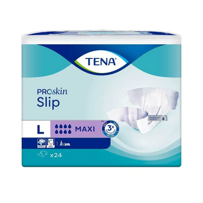 TENA Slip Maxi -inkontinenssisuoja vyötärönauhalla, valmistettu TENA - Essity Germany GmbH:n toimesta, tarjoaa poikkeuksellisen vuotosuojan Maxi-imukyvyn ansiosta. Pakkaus sisältää tuotekuvia, jotka korostavat ominaisuuksia kuten kosteusindikaattoreita, hengittävää kangasta ja hajunhallintaa. Tämä suurikokoinen pakkaus sisältää 24 yksikköä, jotka on räätälöity inkontinenssitarpeisiisi.