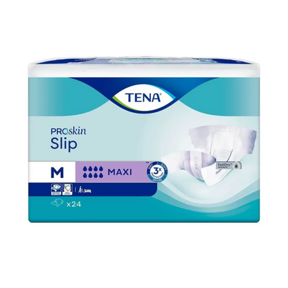 TENA Slip Maxi -inkontinenssisuojan pakkaus, jossa on TENA – Essity Germany GmbH:n vyötärönauha, esittelee näyttävästi sinisen muotoilun valkoisilla yksityiskohdilla ja kuvan aikuisten inkontinenssisuojasta. Keskikoko on merkitty kirjaimella 'M' ja sisältää 24 suojan pakkauksen, joka tarjoaa luotettavan vuotosuojan koko päivän luottamukselle.