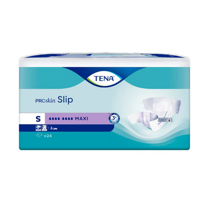 Kuvassa on TENA Slip Maxi -inkontinenssisuojan pakkaus, jossa on TENA – Essity Germany GmbH:n vyötärönauha. Etiketti ilmoittaa koon Small (S) ja maksimaalisen imukyvyn sekä näyttää kuvan tuotteesta vuotosuojalla. Se sisältää 24 kappaletta ja on pääosin sinivalkoinen.