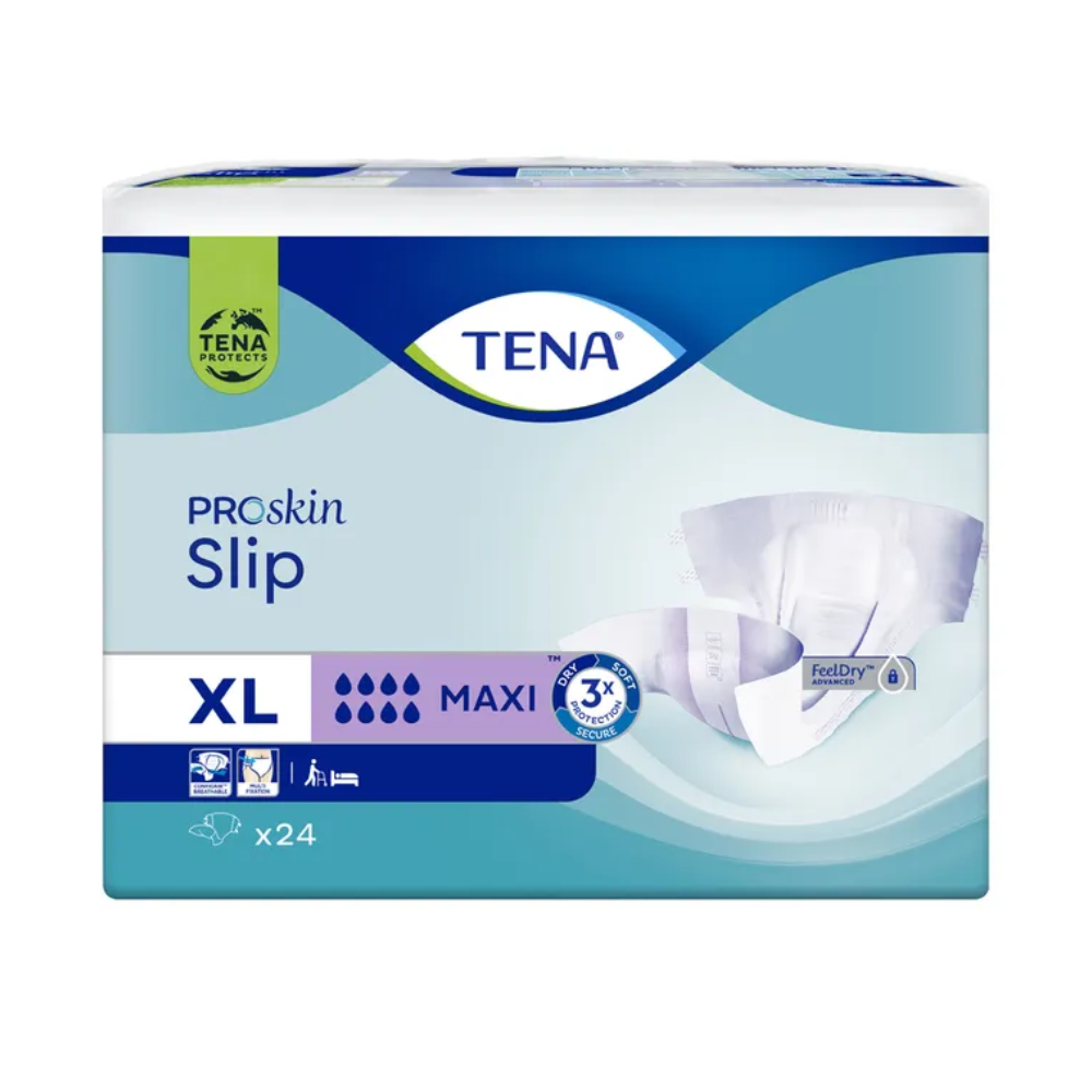 Packung TENA Slip Maxi Inkontinenzvorlage mit Hüftbund in Größe XL mit 24 Stück, mit der Aufschrift „Maxi“ und drei Tropfensymbolen für die Saugfähigkeit. Die Packung zeigt das TENA-Logo und eine Abbildung des Produkts. Das Etikett weist auf die „FeelDry“-Technologie und den hervorragenden Auslaufschutz hin.
