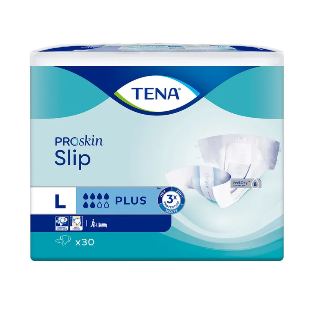 Die Verpackung der TENA Slip Plus Inkontinenzvorlage mit Hüftbund, hergestellt von TENA – Essity Germany GmbH, Größe Large, hebt ihr Design mit Symbolen hervor, die auf Merkmale wie hervorragende Saugfähigkeit und Auslaufschutz hinweisen. Das Farbschema ist blau und weiß, und jede Packung enthält 30 Stück.