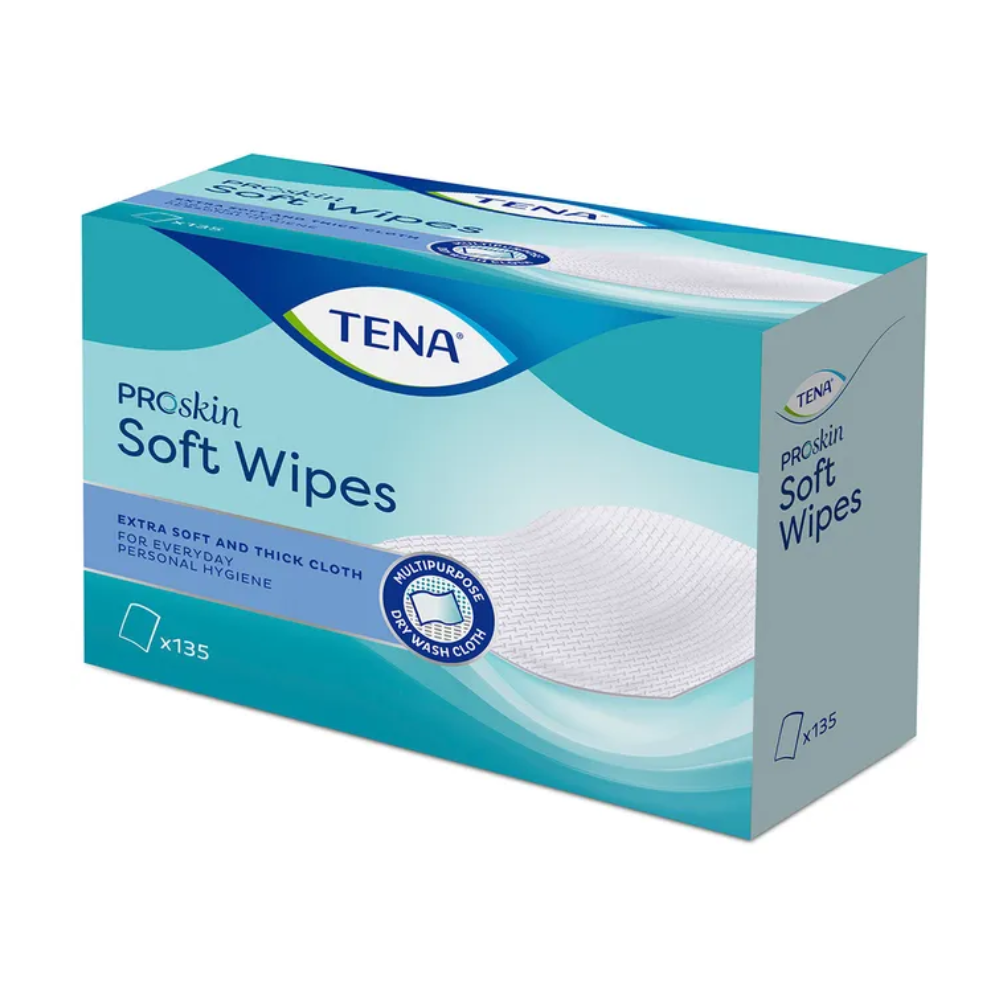 Näytillä on laatikko TENA Soft Wipes pesukäsineitä, jotka ovat ihanteellisia vartalon puhdistukseen. Sinivalkoinen pakkaus korostaa liinojen poikkeuksellista pehmeyttä ja paksuutta vartalon ja henkilökohtaiseen hygieniaan. TENA – Essity Germany GmbH:n valmistama laatikko sisältää 135 liinaa ja on siten välttämätön inkontinenssituote.