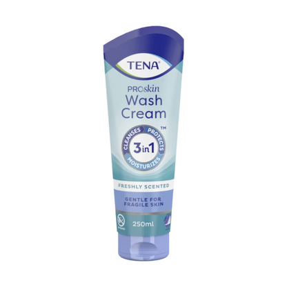 250 ml:n tuubi TENA Wash Cream ihonhoitotuotetta 3in1 TENA – Essity Germany GmbH tarjoaa ensiluokkaista ihonhoitoa puhdistuksen, suojan ja kosteutuksen kautta. Täydellinen herkälle iholle, se tarjoaa virkistävän tuoksun, joka vahvistaa hoitokokemusta entisestään.