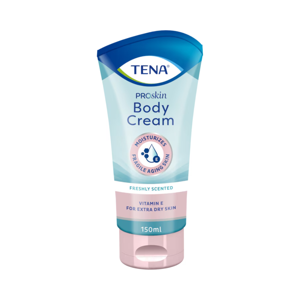 150 ml:n tuubi TENA ProSkin Body Cream -voidetta tarjotaan vaaleansinisessä pakkauksessa, jossa on tummansininen kansi. Luonnollisilla öljyillä ja E-vitamiinilla rikastettu koostumus kosteuttaa herkkää ikääntyvää ihoa, rauhoittaa kuivaa ihoa ja tarjoaa samalla raikkaan tuoksun. Tuotetta myy TENA-tuotemerkillä Essity Germany GmbH.