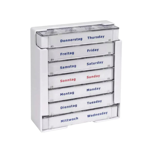 Der AMPri Med-Comfort Tablettendispenser (375 x 225 x 40 mm, weiß) verfügt über sieben Fächer für Medikamente, die für jeden Tag in Deutsch und Englisch beschriftet sind: Donnerstag/Donnerstag bis Mittwoch/Mittwoch.