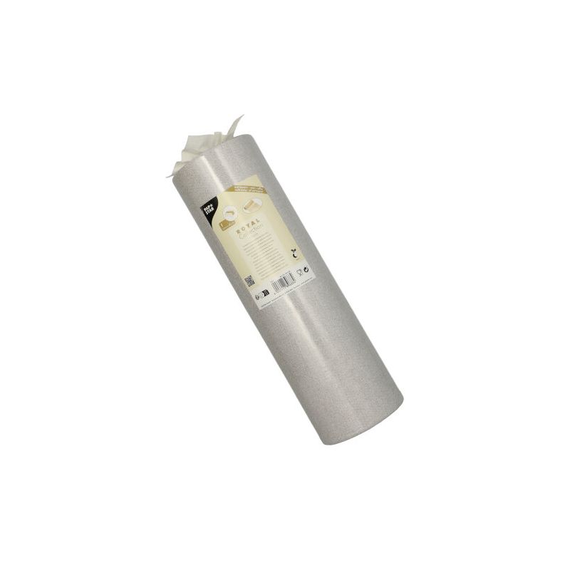 Rulla PAPSTAR kangasmaista PV-Tissue Mix -pöytäliinaa "ROYAL Collection" PAPSTAR GmbH:ltä on elegantisti merkitty tuotetiedoilla. Rulla seisoo pystyasennossa yksinkertaista valkoista taustaa vasten ja näyttää korkealaatuisen selluloosa-viskoosi-tissue-mix-koostumuksensa.