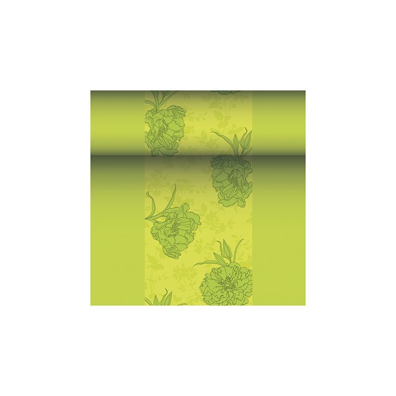 Kuvassa on tapettirulla, jossa on kukkakuvio vihreissä sävyissä, joka muistuttaa PAPSTAR GmbH:n ROYAL-kokoelman hienostuneisuutta. Tämä muotoilu esittelee suuria kukkia hieman tummemmassa vihreässä vaaleammalla vihreällä taustalla, ja se huokuu eleganttia viehätystä, joka on samanlainen kuin PAPSTAR kangasmainen PV-Tissue Mix pöytäliina "ROYAL Collection" mitat 24 m x 40 cm.