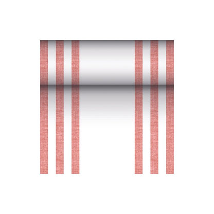 Kangasmaisen PV-kudoksen sekoitus ROYAL Collection -pöytäliina PAPSTAR GmbH:lta, kooltaan 24 m x 40 cm, erottuu kuudella pystysuoralla punaisella viivalla, joita täydentää keskellä oleva vaakasuora väriliukuma mustasta valkoiseen virheettömällä valkoisella taustalla.