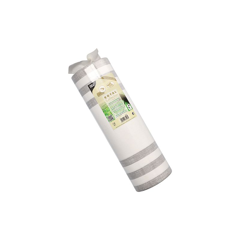 Beigen ja valkoisen raidallinen asuntotekstiilirulla ROYAL Collection -kokoelmasta PAPSTAR GmbH:lta koostuu PV-kudoksen sekoituksesta ja toimitetaan siististi rullattuna läpinäkyvässä muovipakkauksessa, jossa on tuotetiedot. Pituudeltaan 24 metriä ja leveydeltään 40 senttimetriä, se voidaan käyttää elegantisti pöytäliinana.