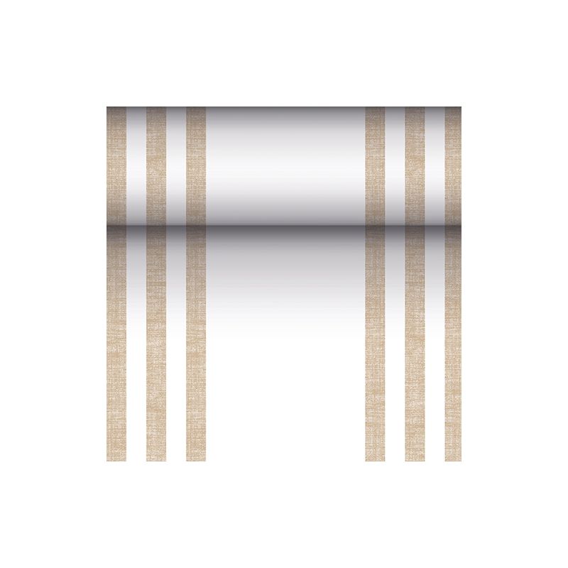 PAPSTAR kangasmainen PV-Tissue Mix pöytäliina "ROYAL Collection" PAPSTAR GmbH on suorakulmainen liina mitat 24 metriä x 40 senttimetriä, jonka valkoinen pinta on koristeltu molemmilla puolilla kahdella parilla pystysuoria ruskeita viivoja, jotka luovat symmetrisen ilmeen. Keskellä on väriliuku, joka alkaa tummana keskeltä ja vaalenee reunoja kohti.