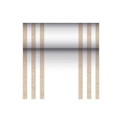 PAPSTAR kangasmainen PV-Tissue Mix pöytäliina "ROYAL Collection" PAPSTAR GmbH on suorakulmainen liina mitat 24 metriä x 40 senttimetriä, jonka valkoinen pinta on koristeltu molemmilla puolilla kahdella parilla pystysuoria ruskeita viivoja, jotka luovat symmetrisen ilmeen. Keskellä on väriliuku, joka alkaa tummana keskeltä ja vaalenee reunoja kohti.