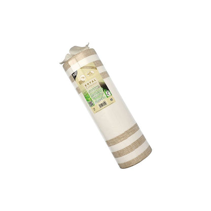 Rullattu joogamatto valkoisilla ja beigellä raidoilla PAPSTAR kangasmainen PV-Tissue Mix "ROYAL Collection" PAPSTAR GmbH sisältää etiketin tuotetiedoilla ja symboleilla, kaikki valmistettu selluloosa-viskoosi-tissue-sekoitusmuotoilussa, joka seisoo pystysuorassa tahrattoman valkoista taustaa vasten.