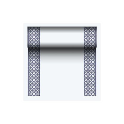 PAPSTAR Pöytäliina kangasmaista PV-Tissue Mix, ”ROYAL Collection” PAPSTAR GmbH:lta, on valmistettu korkealaatuisesta selluloosa-viskoosi-tissue-sekoituksesta. Siinä on kaksi kapeaa tummansinistä reunaa, joissa on toistuva X-kuvio, elegantin valkoisen keskiosan ympärillä. Täydellinen antamaan hienostuneisuutta mihin tahansa ympäristöön.