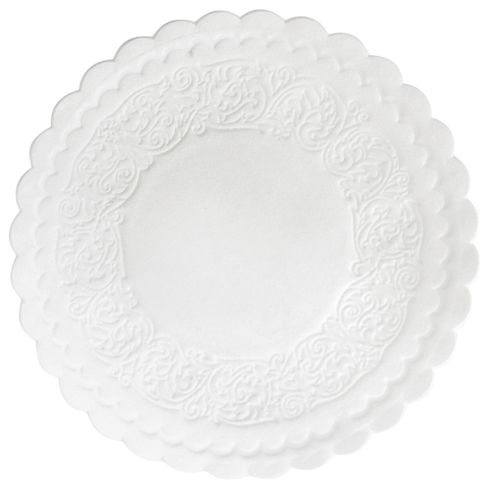 Pyöreä, valkoinen Duni GmbH:n valmistama 9 cm halkaisijaltaan oleva alunen, jossa on useita kerroksia ja aaltoilevat reunat sekä hienosti kohokuvioidut kuviot reunassa. Tämä tuote toimitetaan 500 kappaleen pakkauksessa.