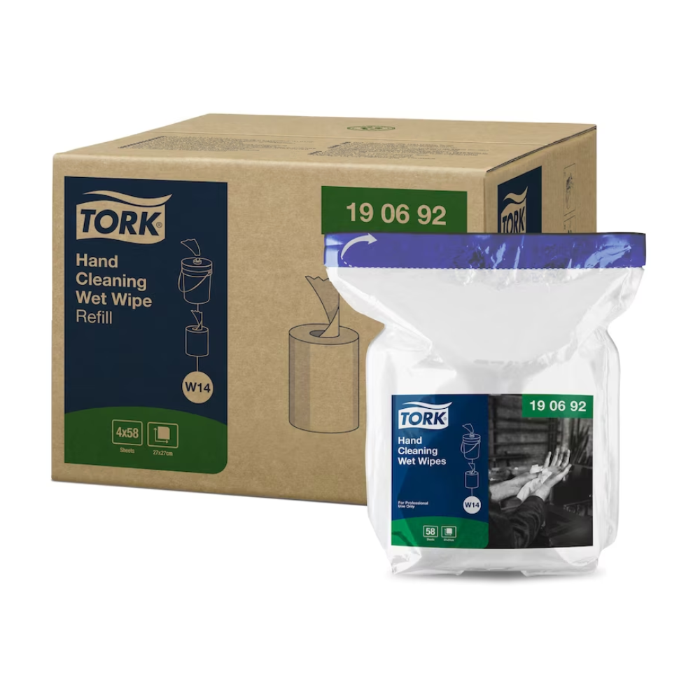 Pahvilaatikko, jossa on neljä pakkausta Tork 190692 kosteuspyyhkeitä täyttö Premium W14 1-kerroksinen merkiltä TORK – Essity Professional Hygiene Germany GmbH, esittää vihreä-sinisen muotoilun tuotedetailleilla. Muovinen täyttöpakkaus näyttää mustavalkoisen kuvan puhdistetuista käsistä ja sopii täydellisesti öljyn ja lian tehokkaaseen poistamiseen.