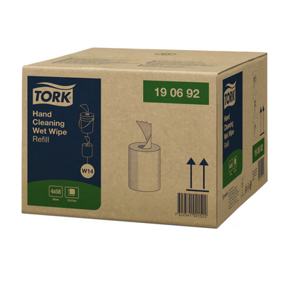 Kartonkipakkaus Tork 190692 kosteuspyyhkeitä täyttö Premium W14 1-kerroksinen TORKilta - Essity Professional Hygiene Germany GmbH | Kartonki (4 pakkausta). Laatikko esittää yksinkertaisen viivapiirroksen kosteuspyyheannostelijasta ja sisältää tuotedetailleja, kuten koko ja määrä. Ihanteellinen öljyn ja lian poistamiseen, viivakoodi ja suuntanuolet ovat selvästi näkyvillä.