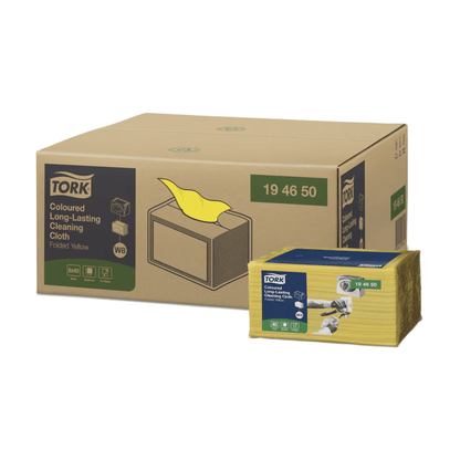 Esillä on suuri laatikko, jossa on Tork 194450 kestäviä värillisiä puhdistusliinoja. Pakkaus sisältää keltaisia, kestäviä liinoja TORKilta, Essity Professional Hygiene Germany GmbH:lta, ihanteellisia puhdistustarpeisiisi.