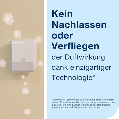 Der Tork 256010 Spender für kontinuierlichen Lufterfrischer ist an einer beigen Wand montiert. Der Hintergrundtext auf Deutsch betont die Wirksamkeit des Produkts durch seine einzigartige Vernebelungstechnologie. Weiße, flauschige Partikel schweben herum, ähneln einem verteilten Duft und verbessern Ihr Waschraumerlebnis.